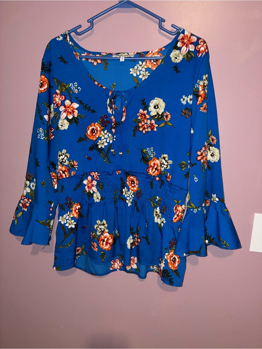 Blue Floral Tie-Front Peplum Blouse with Ruffled Sleeves